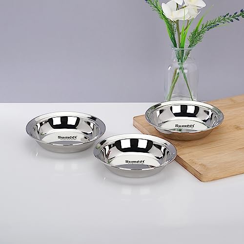 Sumeet Stainless Steel Heavy Gauge Multi Utility Serving Plates with Mirror Finish 12.5cm Dia - Set of 3pc, Silver