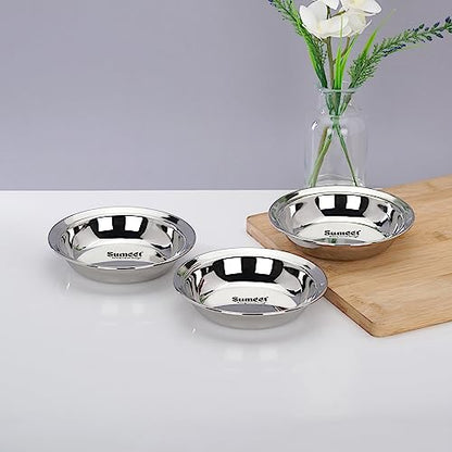 Sumeet Stainless Steel Heavy Gauge Multi Utility Serving Plates with Mirror Finish 16.5cm Dia - Set of 3pc, Silver