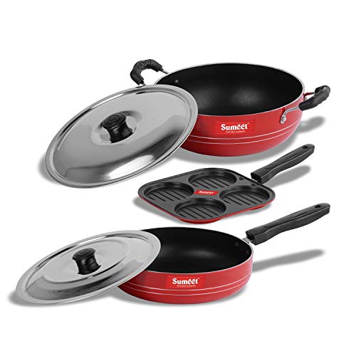 Sumeet 2.6mm Thick Non-Stick Garnet Combo Set (Mini Multi Snack Maker – 19.5cm Dia + Kadhai with Lid – 1.5Ltr Capacity- 20cm Dia + Fry pan – 1.5Ltr Capacity – 21cm Dia)