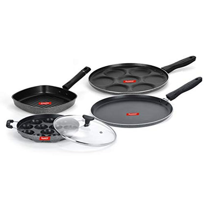 Sumeet NonStick Negre Cookware Set (Dosa Tawa - 26.5Cm Dia + Multi Snack Maker - 7 Cavity - 26.5Cm Dia + Grill Appam Patra with Glass Lid - 12 Cavity - 22cm Dia + Grill Pan-22cm Dia)