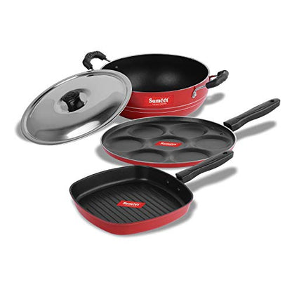 Sumeet 2.6mm Thick Non-Stick Go Red Combo Set (Multi Snack Maker – 26.5cm Dia + Kadhai with Lid – 1.5Ltr Capacity- 20cm Dia + Grill Pan – 1.1Ltr Capacity – 22cm Dia)