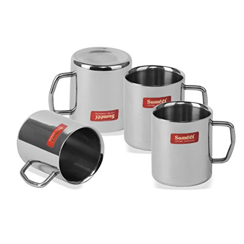 Sumeet Stainless Steel Double Wall Tea and Coffee Medium Mug Set of 4Pcs (210 Ml Each)