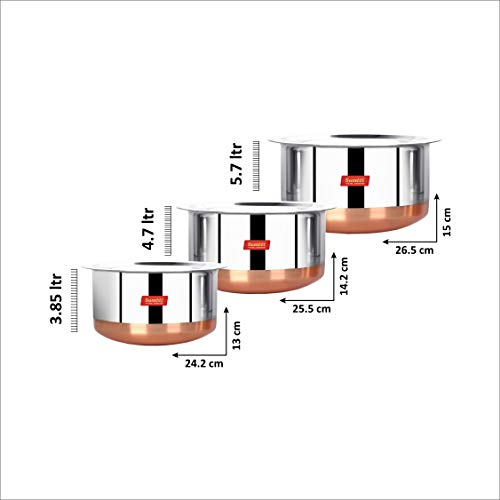 Sumeet Stainless Steel Copper Bottom 3Pc Big Size Tope Set with Lid (3.850L, 4.70L, 5.7Ltr)