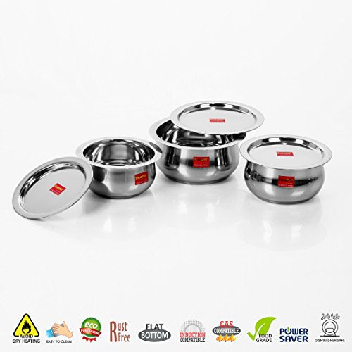 Sumeet 3 Pcs Stainless Steel Induction & Gas Stove Friendly Belly Shape Container Set/Tope/Cookware Set with Lids