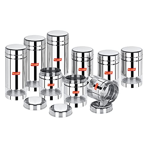 Sumeet Stainless Steel Circular See Through/Transparent Container, Set of 9Pc, 500 Ml, 700Ml, 1000 Ml, 8.5cm Dia, Silver