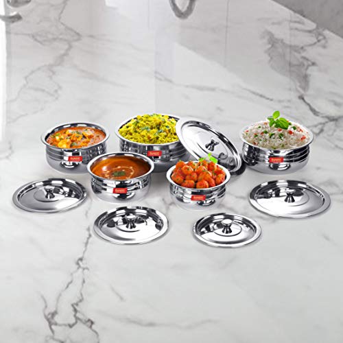 Sumeet Stainless Steel Cook and Serve 5pc Handi Set with Lids 1 L, 1.35L, 1.7L, 2.1L, 2.8L