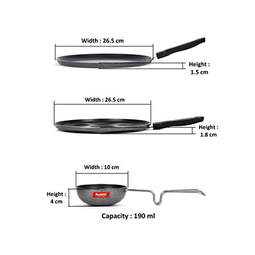 Sumeet NonStick Grisa Cookware Set (Dosa Tawa - 26.5Cm Dia + Multi Snack Maker - 7 Cavity - 26.5Cm Dia + Waghariya/Tadka pan - 190Ml - 10Cm Dia)