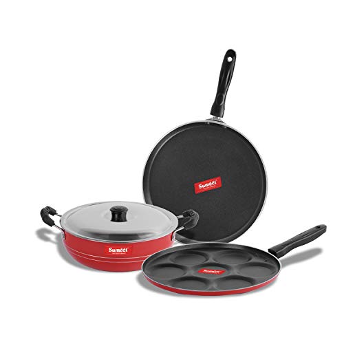 Sumeet 2.6mm Thick Non-Stick Strawberry Combo Set (Dosa Tawa – 26.5cm Dia + Multi Snack Maker – 26.5cm Dia + Kadhai with Lid – 1.5Ltr Capacity- 20cm Dia)