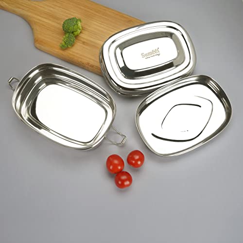 Sumeet Stainless Steel Rectangle Lunch Box/Tiffin with 2 Compartments and Locking Clip, 650ML, Ideal for 1 Person - Silver