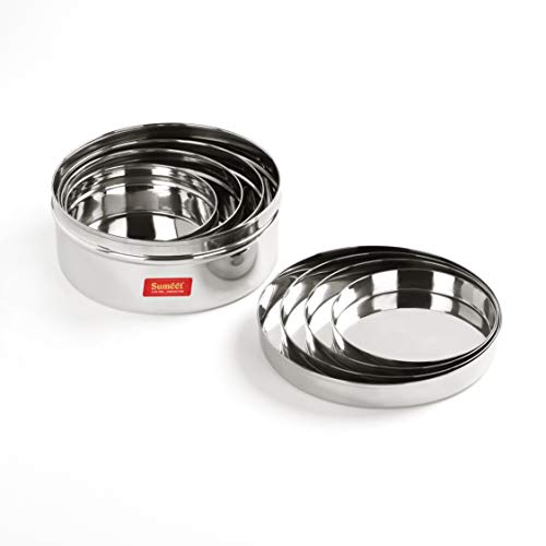 Sumeet Stainless Steel Flat Canisters/Puri Dabba/Storage Containers Set of 4Pcs (240ML, 400ML, 550ML, 800ML)