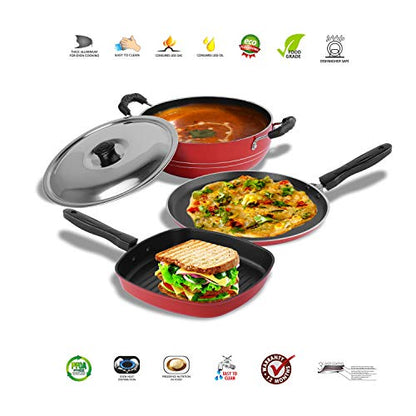 Sumeet 2.6mm Thick Non-Stick Cook Red Combo Set (Dosa Tawa – 26.5cm Dia + Kadhai with Lid – 1.5Ltr Capacity- 20cm Dia + Grill Pan – 1.1Ltr Capacity – 22cm Dia)