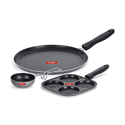 Sumeet NonStick Grijs Cookware Set (Dosa Tawa - 26.5Cm Dia + Mini Multi Snack Maker - 4 Cavity -19.5cm + Waghariya/Tadka pan - 190Ml - 10Cm Dia)