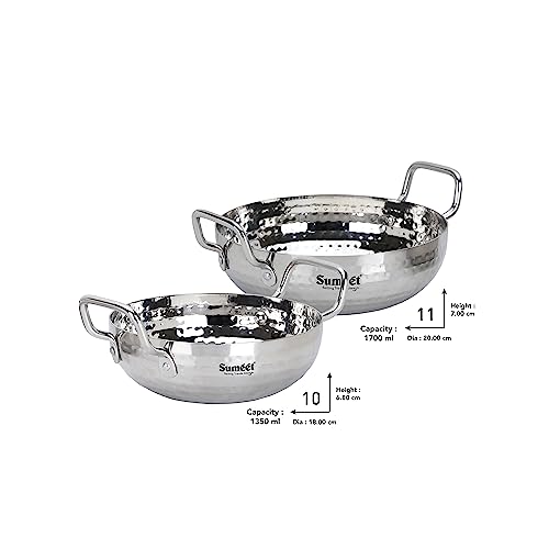 Sumeet Stainless Steel Handcrafted Hammered Mathar Kadai for Kitchen, Medium Size, 1350ML & 1700ML, 18cm & 20cm Dia, Pack of 2, Silver