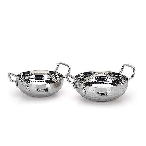 Sumeet Stainless Steel Handcrafted Hammered Mathar Kadai for Kitchen, Small & Med. Size, 1000ML & 1350ML, 16cm & 18cm Dia, Pack of 2, Silver