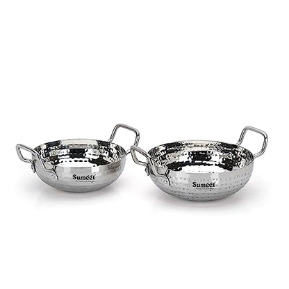 Sumeet Stainless Steel Handcrafted Hammered Mathar Kadai for Kitchen, Medium Size, 1350ML & 1700ML, 18cm & 20cm Dia, Pack of 2, Silver