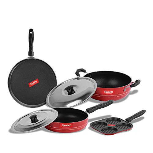 Sumeet 2.6mm Thick Non-Stick MENA Cookware Set (Dosa Tawa – 26.5cm Dia + Mini Multi Snack Maker – 19.5cm Dia + Kadhai with Lid – 1.5Ltr Capacity- 20cm Dia + Fry pan – 1.5Ltr Capacity – 21cm Dia)