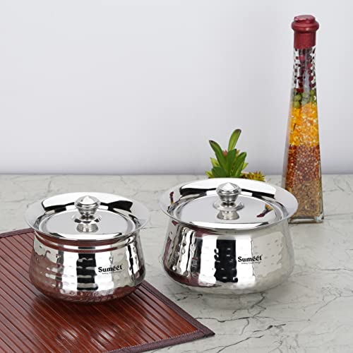 Sumeet Stainless Steel Handcrafted Hammered Texture Handi Set with Lid for Kitchen, Set of 2, 460ml & 650ml, Silver