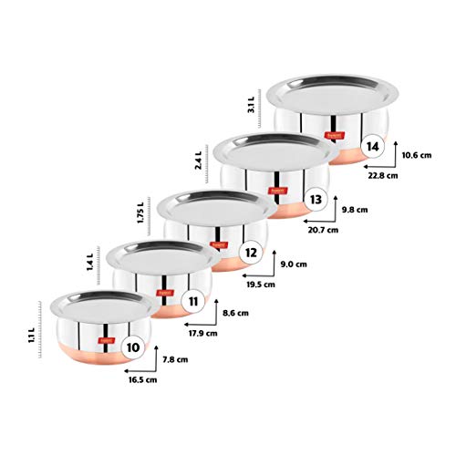 Sumeet Stainless Steel Copper Bottom Belly Shape 5 Pc Tope / Cookware/ Pot Set with Lid 1.1Ltr, 1.4Ltr 1.75Ltr, 2.4Ltr, 3Ltr (Silver)