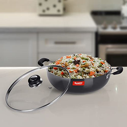 Sumeet 3mm Hard Anodized Deep kadai with Glass Lid Big Size No. - 15 (28.5cm Dia. 4.5 LTR Capacity)