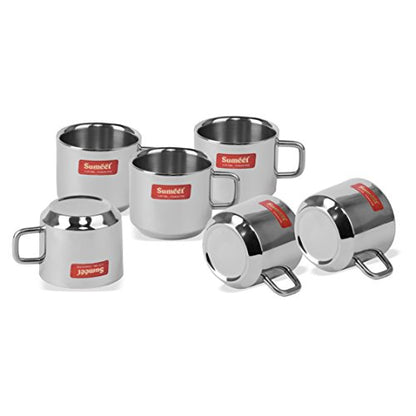 Sumeet Stainless Steel Double Wall Tea and Coffee Cups Set of 6Pcs (120 Ml Each)