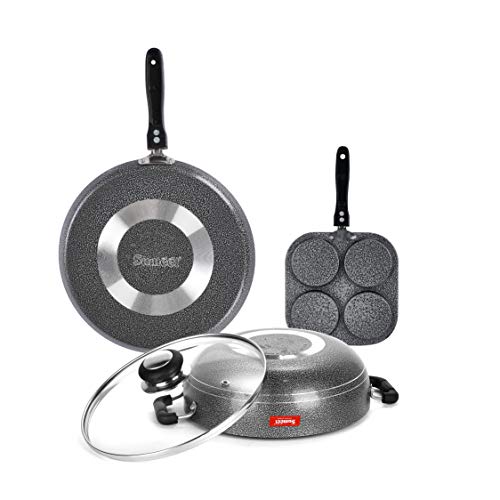 Sumeet NonStick Kelabu Cookware Set (Dosa Tawa - 26.5Cm Dia + Kadhai with Glass Lid -2Ltr - 22Cm Dia + Mini Multi Snack Maker - 4 Cavity -19.5cm)