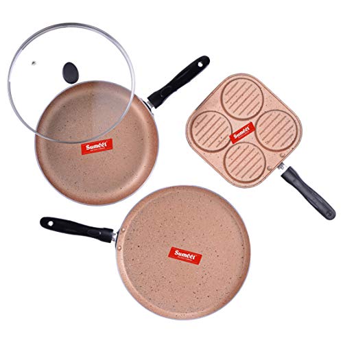 Sumeet Nonstick Granite Finish Tranquil 3 pc Cookware Set (Mini Multi Snack Maker - 4 Cavity - 19.5cm Dia + Dosa Tawa - 26.5cm Dia + Fry Pan with Glass Lid 1.8 LTR Capacity - 24cm Dia)