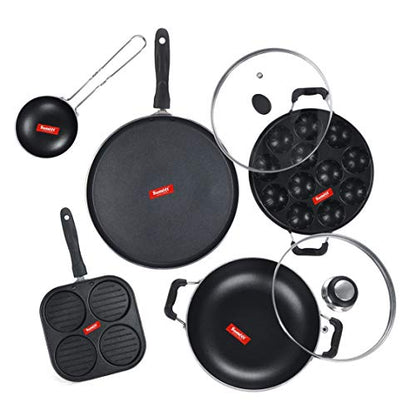 Sumeet NonStick Iswed Cookware Set (Dosa Tawa-26.5Cm Dia+Mini Multi Snack Maker-19.5cm+Kadhai with Glass Lid-22Cm Dia+Grill Appam Patra with Glass Lid-22cm Dia+Waghariya/Tadka pan-10Cm Dia)