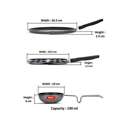 Sumeet NonStick Grijs Cookware Set (Dosa Tawa - 26.5Cm Dia + Mini Multi Snack Maker - 4 Cavity -19.5cm + Waghariya/Tadka pan - 190Ml - 10Cm Dia)