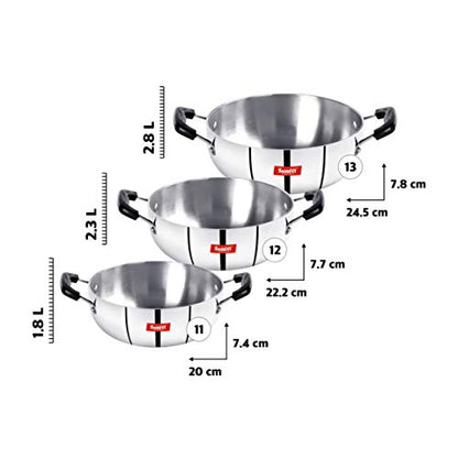 Sumeet 3mm Induction Bottom Aluminium Kadai Set of 3Pcs (1.8Ltr, 2.3Ltr, 2.8Ltr)