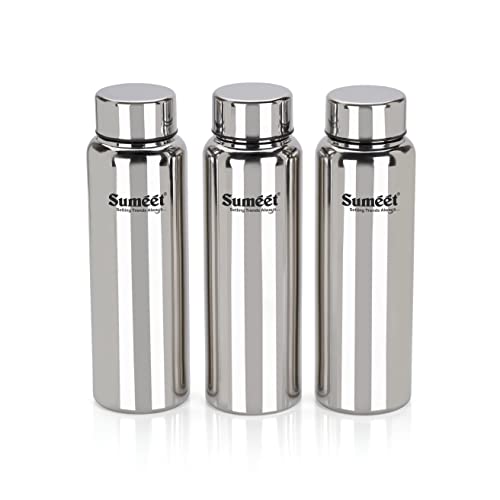 Sumeet Stainless Steel Jointless Akhand Leak-Proof Water Bottle / Fridge Bottle - 800ML Pack of 3, Silver