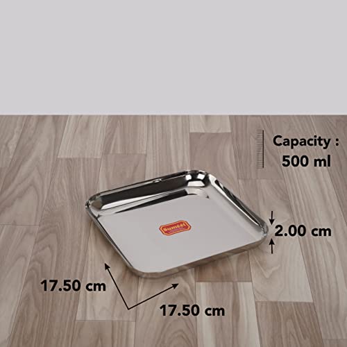 Sumeet Stainless Steel Medium Square Shape Plate/Snacks Plate/Breakfast Plate Set of 6pcs, 17.5cm Dia, Silver