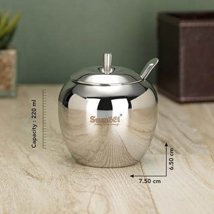 Sumeet Stainless Steel Apple Shape Ghee and Oil Pot, Storage Container with Spoon for Kitchen, 7.5cm Dia, 220ML - Silver (Pack of 2)