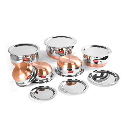 Sumeet Stainless Steel Copper Bottom Belly Shape 6 Pc Tope / Cookware/ Pot Set with Lid 380ML, 500ML, 780ML, 1.1Ltr, 1.4Ltr, 1.75Ltr (Silver)