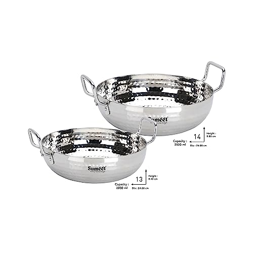 Sumeet Stainless Steel Handcrafted Hammered Mathar Kadai for Kitchen, Big Size, 2850ML & 3550ML, 24cm & 26cm Dia, Pack of 2, Silver