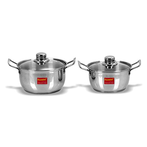 Sumeet Stainless Steel Induction Bottom (Encapsulated Bottom) Induction & Gas Stove Friendly Conical Shape Casserole Size No.14 (1 LTR) & Size No.16 (1.5 LTR)