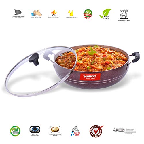 Sumeet Nonstick Granite Finish Deep Kadhai with Tempered Glass Lid - 2.5 LTR Capacity - 24.5cm Dia