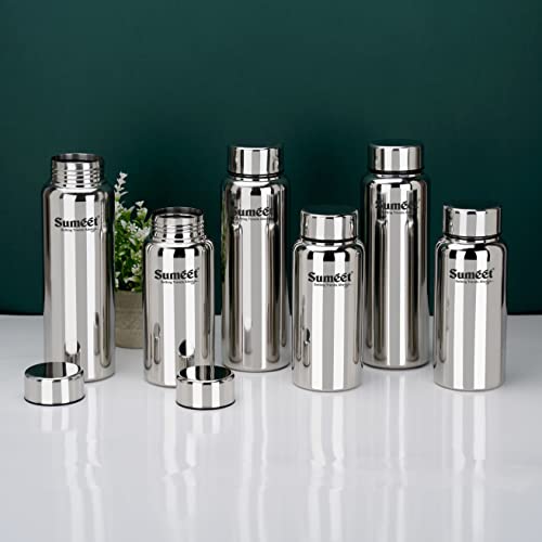 Sumeet Stainless Steel Jointless Akhand Leak-Proof Water Bottle / Fridge Bottle Set 800ML and 600ML - Pack of 6, Silver