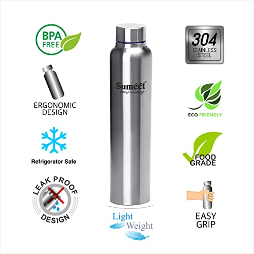 Sumeet Stainless Steel Leak-Proof Water Bottle / Fridge Bottle - 1000ml - Pack of 4