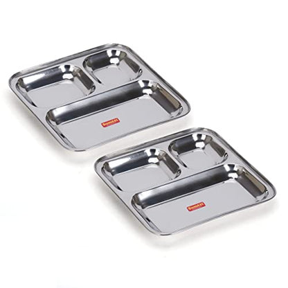 Sumeet Stainless Steel 3 in 1 Idli WADA Compartment Plate / Snack Plate / Breakfast Plate Set of 2Pcs, 21.7cm Dia, Silver