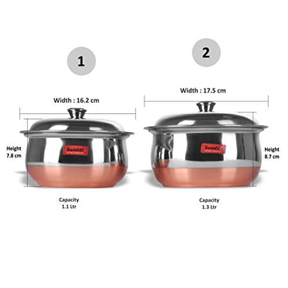 Sumeet Stainless Steel Copper Bottom Multipurpose Cook & Serve Handi with Lid - 2 Pcs Set (1.1 LTR, 1.3 LTR)