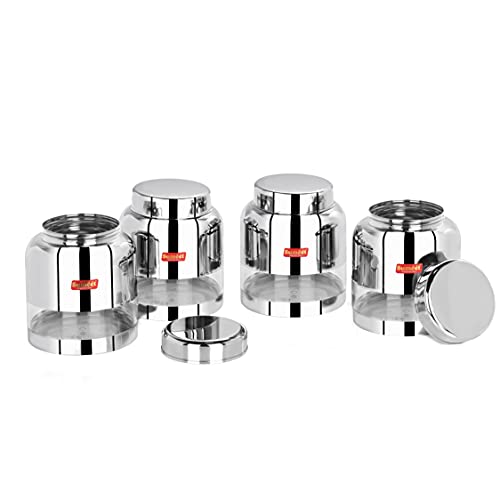 Sumeet Stainless Steel Circular See Through / Transparent Storage Container, Set of 4Pc, 1 Ltr each, 11.4 cm Dia, Silver