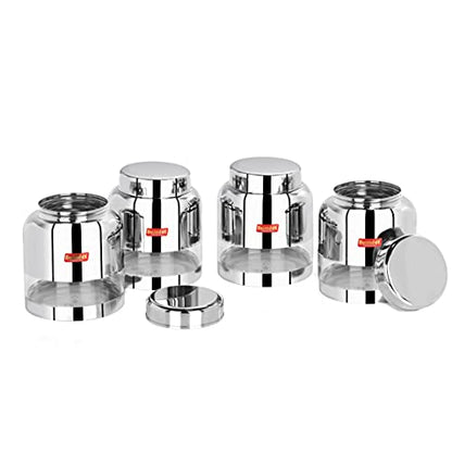 Sumeet Stainless Steel Circular See Through / Transparent Storage Container, Set of 4Pc, 1 Ltr each, 11.4 cm Dia, Silver