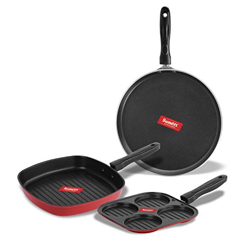 Sumeet 2.6mm Thick Non-Stick Redson Combo Set (Dosa Tawa – 26.5cm Dia + Multi Snack Maker – 26.5cm Dia + Grill Pan – 1.1Ltr Capacity – 22cm Dia)