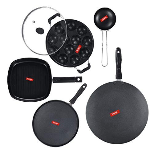 Sumeet NonStick Czarny Cookware Set (Dosa Tawa-26.5Cm Dia+Grill Appam Patra with Glass Lid-12 Cavity-22cm Dia+Grill Pan-22cm Dia+Waghariya/Tadka pan-190Ml-10Cm Dia+Conceve/Roti Tawa-28Cm Dia)