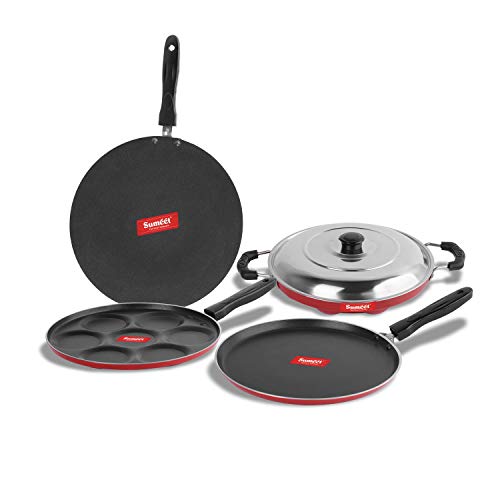 Sumeet 2.6mm Thick Non-Stick Rod Cookware Set (Dosa Tawa – 26.5cm Dia + Multi Snack Maker – 26.5cm Dia + Grill Appam Patra with Lid – 23cm Dia + Concave Tawa – 28cm Dia)