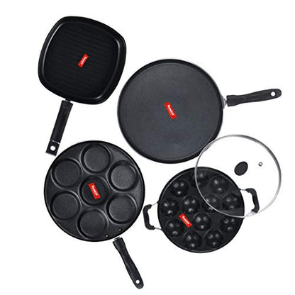 Sumeet NonStick Negre Cookware Set (Dosa Tawa - 26.5Cm Dia + Multi Snack Maker - 7 Cavity - 26.5Cm Dia + Grill Appam Patra with Glass Lid - 12 Cavity - 22cm Dia + Grill Pan-22cm Dia)