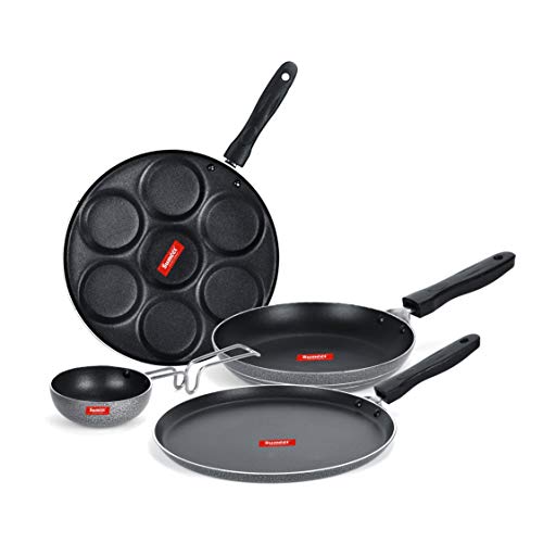 Sumeet NonStick Zwart Cookware Set (Dosa Tawa - 26.5Cm Dia + Multi Snack Maker - 7 Cavity - 26.5Cm Dia + Tapper pan - 0.6Ltr - 20Cm Dia + Waghariya/Tadka pan - 190Ml - 10Cm Dia)