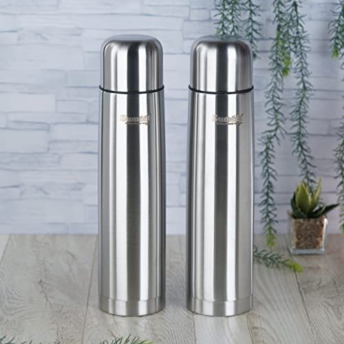 Sumeet Stainless Steel Double Walled Flask / Water Bottle, with Flip Lid, 24 Hours Hot and Cold, 1000 ml, Silver - Set of 2 Pcs