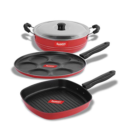 Sumeet 2.6mm Thick Non-Stick Go Red Combo Set (Multi Snack Maker – 26.5cm Dia + Kadhai with Lid – 1.5Ltr Capacity- 20cm Dia + Grill Pan – 1.1Ltr Capacity – 22cm Dia)