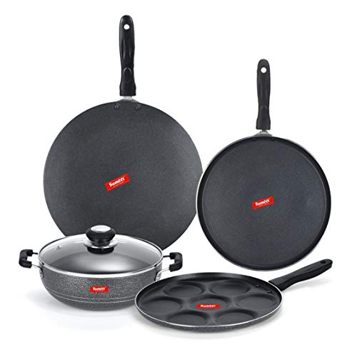 Sumeet NonStick Svartur Cookware Set (Dosa Tawa - 26.5Cm Dia + Multi Snack Maker - 7 Cavity - 26.5Cm Dia + Kadhai with Glass Lid -2Ltr - 22Cm Dia + Conceve/Roti Tawa - 28Cm Dia)